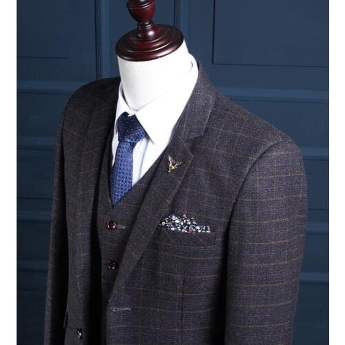 British Styles Plaid Suits For Men Fashion Grey Two Buttons Bussiness Blazer Groom Wedding Tuxedos For Men (Jacket+Pants+vest)