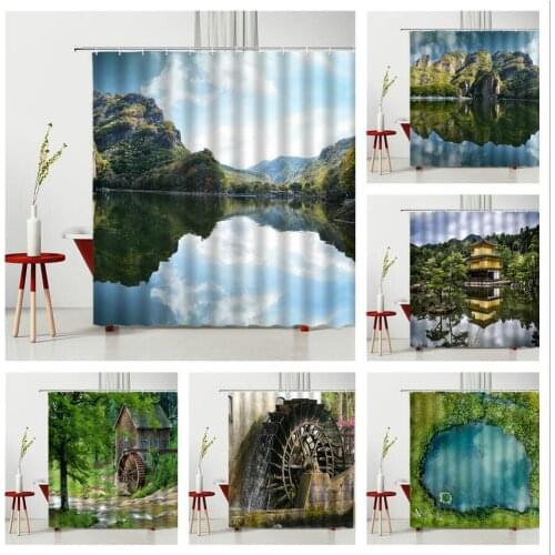 Scenic Shower Curtain Set Beautiful Lake Waterwheel Mountain Wooden House Home Bathroom Bathtub Decoration Polyester Fabric