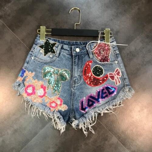 New Arrival Womens Sexy Stars Sequins Denim Shorts Embroidery Tassel Patch Raw Female Jeans Short M/Xl Short Feminino D313