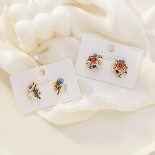Origin Summer Vintage Colorful Enamel Flower Earrings Gold Color Alloy Multi Flowers Glass Small Stud Earrings Statement Jewelry