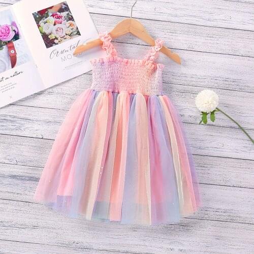 2-8Y Summer Princess Kids Girls Dress Sleeveless Strap Colorful Stripe Lace Tulle Knee Length Tutu Sundress