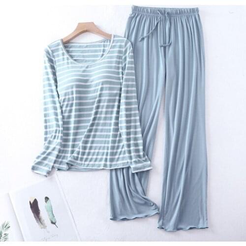 Casual Loose Pajamas for Women Long Sleeve Autumn Winter Pijamas Womens Sleepwear Bra pad Stripe Ladies Set Pyjama Femme