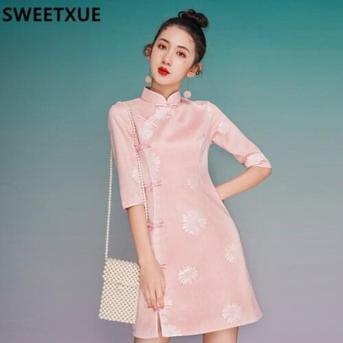 SWEETXUE Girls Cheongsam Spring 2021 New French Retro Pink Dress Lace Patchwork Print Fashion Split Lady Sweet Slim Vestidos