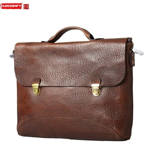 New Handmade Leather Men Handbags Casual OL Laptop Briefcase Retro Leather Computer Bag Male Buckle Shoulder Messenger Bags