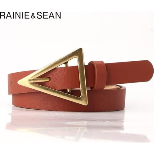 RAINIE SEAN Vintage Belt Women Leather Belt Triangle Buckle Thin Ladies Waist Belt Camel Black Navy Female Belt for Trousers