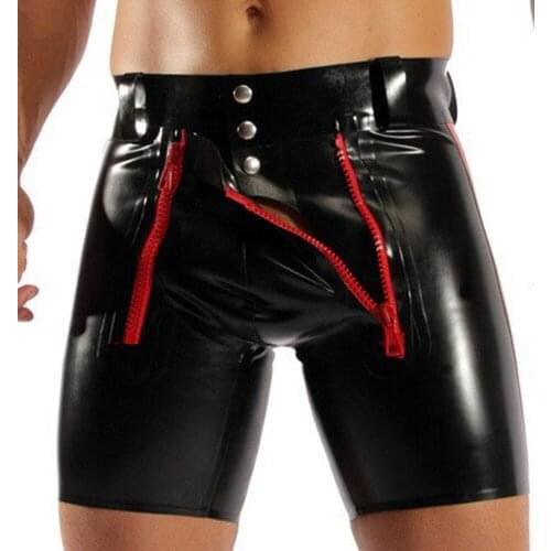 Plus Size Sexy Tight Black PU Leather Shorts Men Latex Pants Lace-Up Bondage Jockstrap Lingerie Open Crotch Gay Boxers Panties