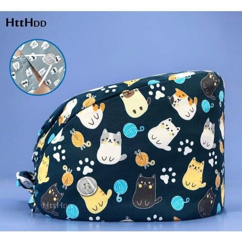 Cartoon Cute Cat Print Scrub Caps Veterinarian Pet Hospital Doctor Cleaning Work Hat Operating Room Nurse Medical Protective Cap