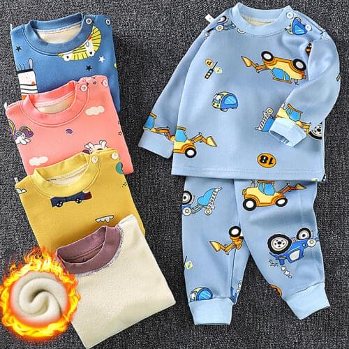 2020 Autumn and Winter Thickened Long-sleeved Girl Clothes Plus Velvet Children Sets Thermal Underwear Suit Boys Cartoon Pajamas