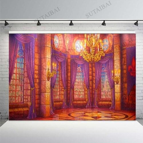 7x5ft Bright Ballroom Hall Purple Curtains Drape Chandelier Photo Studio Background Backdrop Vinyl Banner Photography Shoot