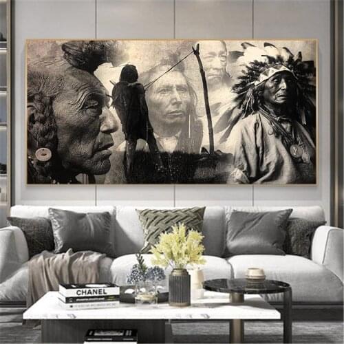 Vintage Black and White Poster Native Indian Portrait Oil Paintings On Canvas and Print Wall Art Picture for Living Room Decor