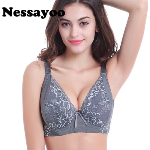 Floral Lace Bras For Women Pink Bow Brassiere Plus Size Bralett cup C D E Lace Women Intimates Big Size 34 36 38 40 42 44 Bra