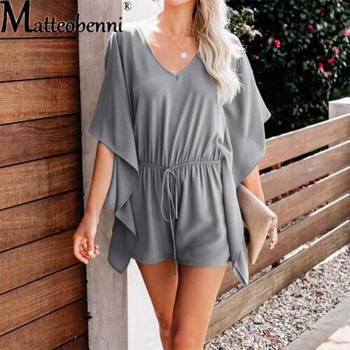 Pure Color Folds Jumpsuit Women 2021 Summer New Style V-Neck High-Waisted Loose Casual Rompers Female Lace-Up Short Playsuits
