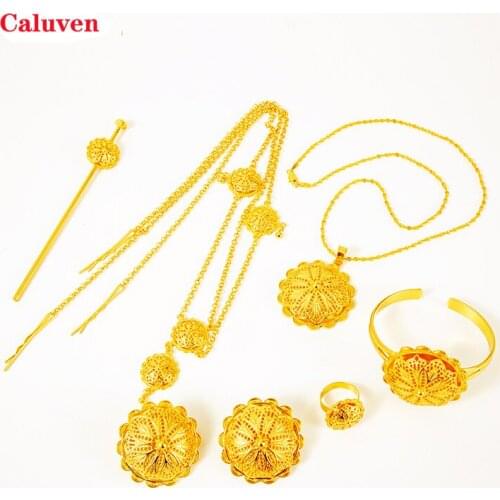 Ethiopian jewelry sets for Women hair chain necklace Clip ring hairpin bracelet Set African wedding gifts