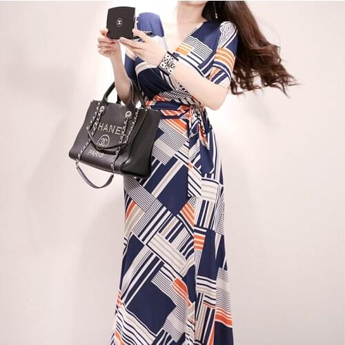 Fashion Print woman dress V Neck High Waist Casual holiday dresses for women Short Sleeves Side Split long vestidos 2021