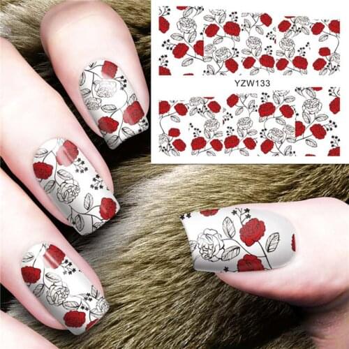 1sheet water mark nail sticker full cover Fresh flowers and plants rose red pink ultra thin water transfer nail decals FW013