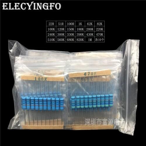 23 Values 1/2W 1% metal film resistors 5-Band-Code 22R-1M each 10 pieces Total 230 pieces Resistor Kit