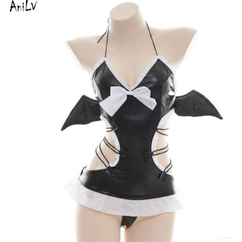 AniLV Little Bat Devil Wings PU Leather Halter Swimsuit Uniform Costume Back Cross Lace-up Strap Swimwear Pool Party Cosplay