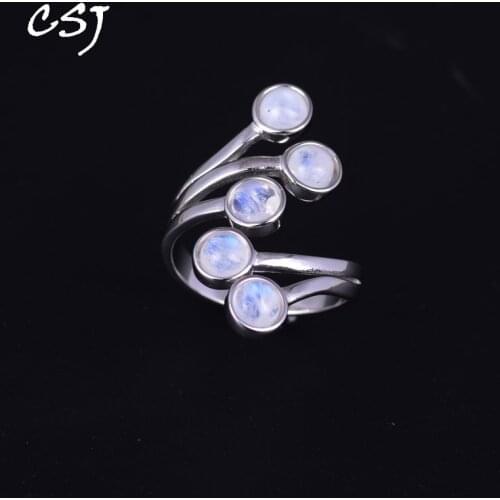 CSJ Natural Blue Moonstone Ring Sterling Silver Gemstone 5mm Fine Jewelry Wedding Engagement Party Birthday for Women Lady Gift