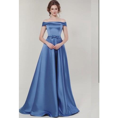 Elegant Evening Dress Off Shoulder 2020 Blue Satin Floor Length Gorgeous For Women Party Brilliant Court Train Cap Sleeve Cheap