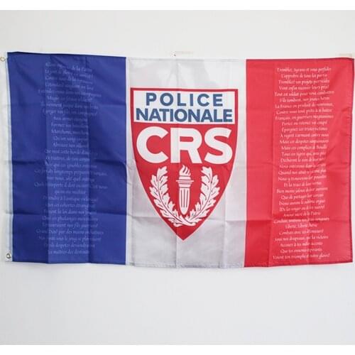 France Flag with the National Anthem of Marseille and the National Police Coat of Arms CRS 100D Polyester 3x5Ft 90x150cm Banner