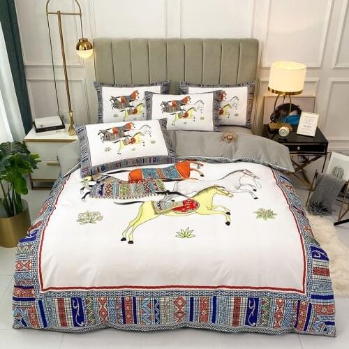 High-end French Italy Design Digital Printing 4-6pcs King Queen Size Duvet Cover Pillowcase Flat Sheet Luxury Bedding Sets #s