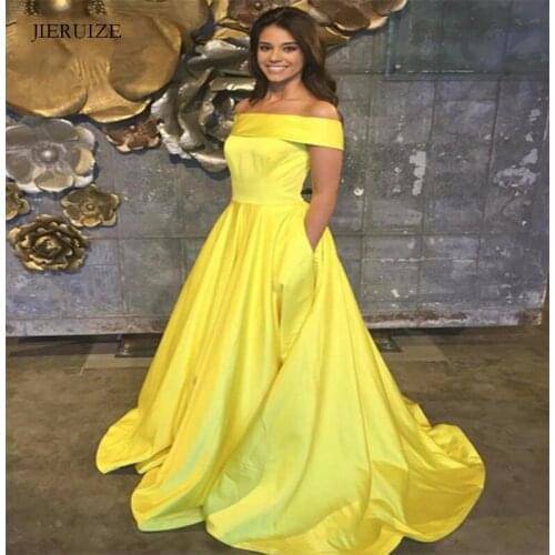 JIERUIZE Yellow Simple Long Evening Dresses Off the Shoulder Long Prom Party Dresses Evening Gowns Cheap Formal Dress