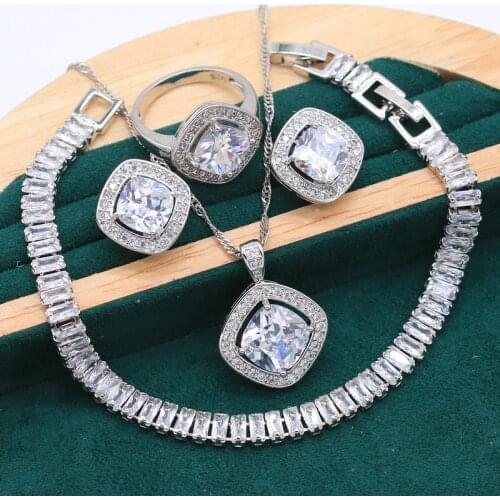 Classic 925 Sterling Silver Jewelry Set For Women White Crystal Bracelet Earrings Necklace Pendant Bride Ring Wedding Gift 4PCS