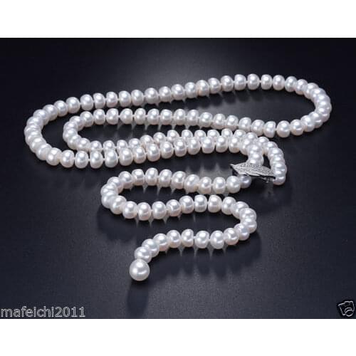 BEAUTIFUL 90cm 8-9MM AAA Akoya White PEARL NECKLACE silver CLASP