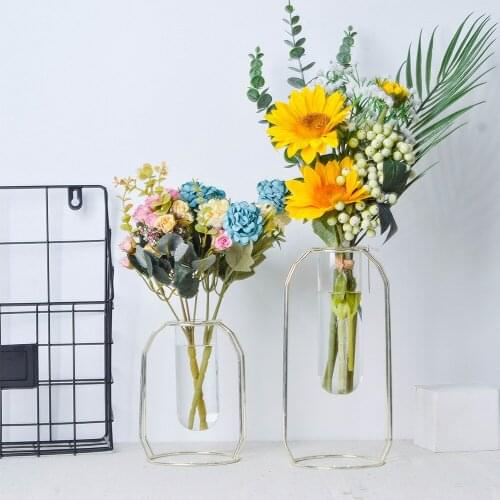 Nordic Golden Glass Vase Hydroponic Plant Flower Vase Metal Plant Holder Tabletop Home Decoration Accessories Modern Terrarium