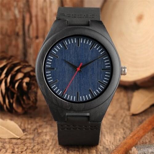 Casual Ebony Wood Watch Men Wooden Quartz Wristwatch Red Seconds Blue Round Dial Genuine Leather Strap Timepiece Clock Gifts