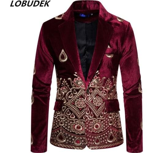 Mens Performance Costume Court Tuxedo England Style Vintage Embroidery Blazers Wine Red Black Velvet Blazer Casual Suit Jackets