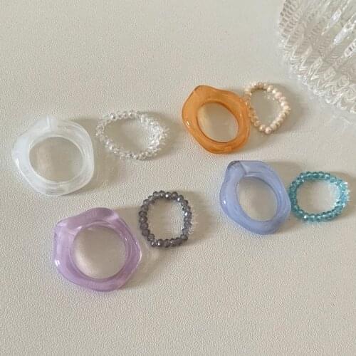 2Pcs/set Acrylic Rings Set for Women Girls Transparent Crystal Beads Resin Ring Square Round Irregular Korean Jewelry Party Gift