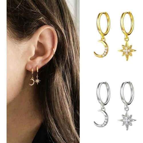 Prevent Allergy 925 Sterling Silver Asymmetrical Star Moon Dangle Earrings Crystal Charms Loops Circle Earrings For Women Girls