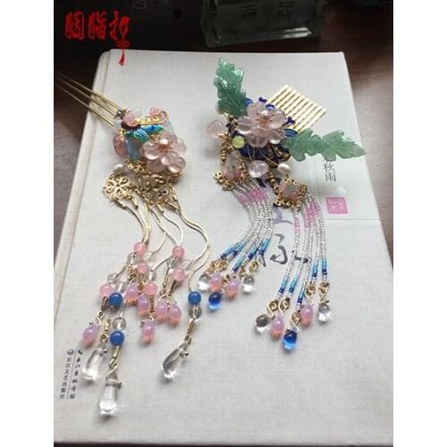 Pink Crystal Flower Jade Leaf Cloisonne Hair Stick Handmade Vintage Cosplay Hair Accessories Hair Comb Hair Jewelry