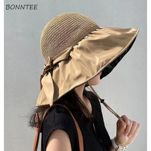 Bucket Hats Women Sun Protection Caps Beach All-match Ladies Big Brim Elegant Bow Lovely Female Koreans Style Leisure Fashion