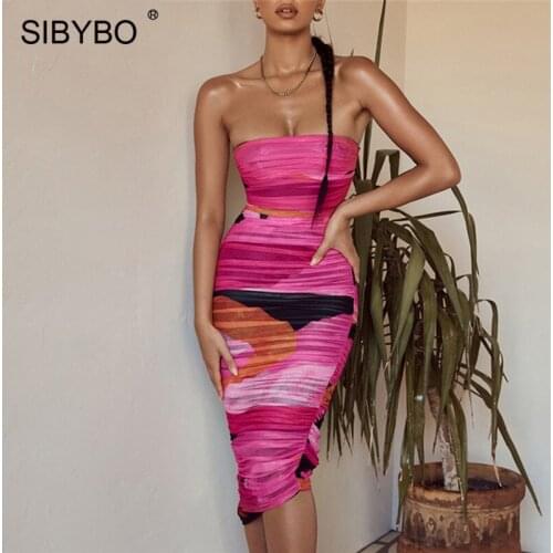 Sibybo Summer Geometric Print Ruched Dress Women Sexy Off Shoulder Long Dresses Elegant Clubwear Ladies Strapless Party Vestidos