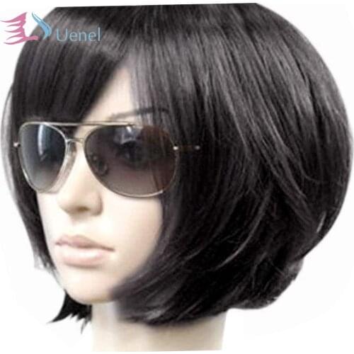 Uenel Black Short Bob Yaki Synthetic Wigs for Women Heat Resistant WomensWig with Hair Bangs Costume Cosplay or Daily Hairpiece
