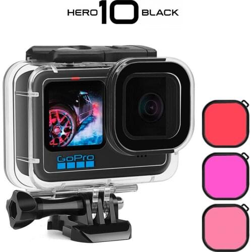 60M Waterproof Case for GoPro Hero 10 Black Protective Diving Underwater Housing Shell Cover Red Purple Color Filter 3 Pack Kit