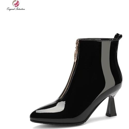 Original Intention Fashion Women Ankle Boots Patent Real Leather Spike Heels Boots Black Popular Zipper Shoes Woman Size 3-13