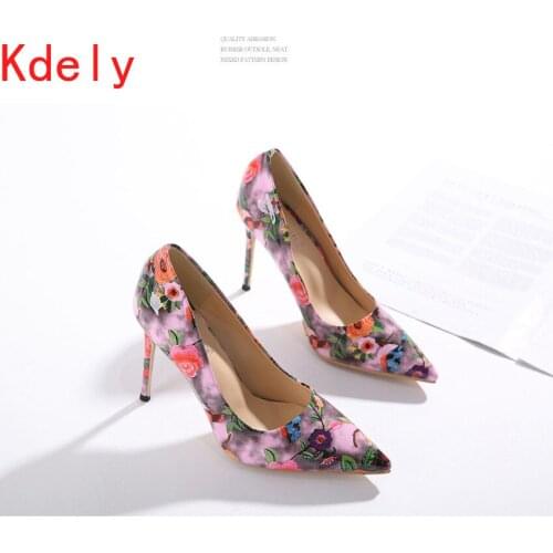 Women Heels Graffiti flower Bridal Shoes Women Pumps Sexy High Heels Pointed Toe Party Wedding Shoes Stiletto Plus Size 35-42