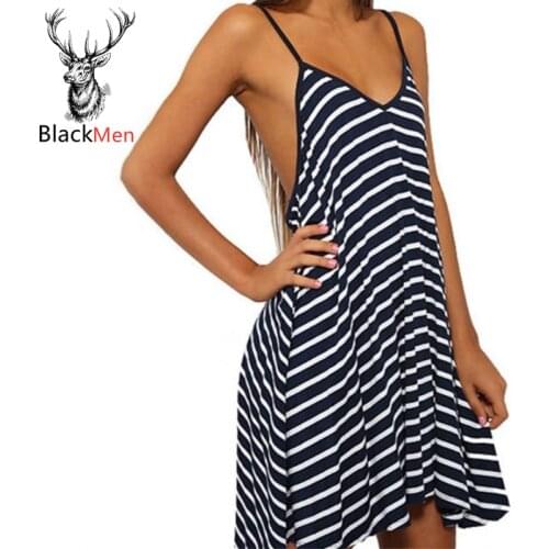 BlackMen 2020 Summer Women Backless Mini Dress Sexy beach V-neck Black White Striped Sleeveless stripe Suspenders Dress