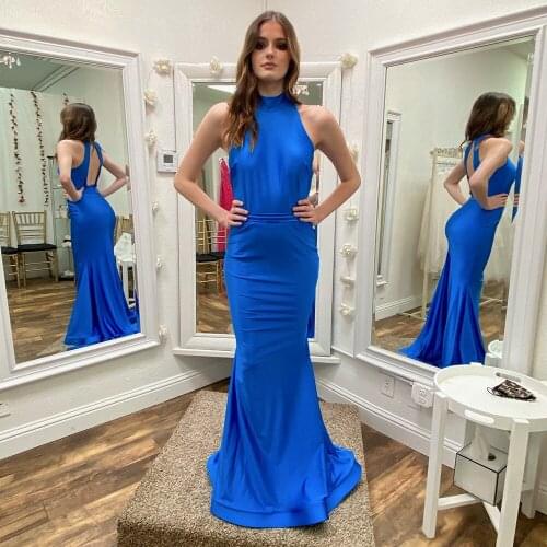 Charming Blue High Neck Sleeveless Floor Length Mermaid Evening Dress Backless Sweep Train Special Occasion Gowns