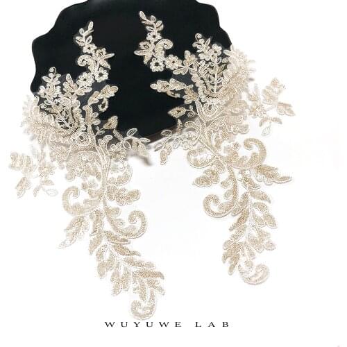 1Pairs Champagne Gold Clear Sequins Floral Motif Venise Venice Guipure Cording Cotton Lace Trim Applique Fabric 40X18cm SW07