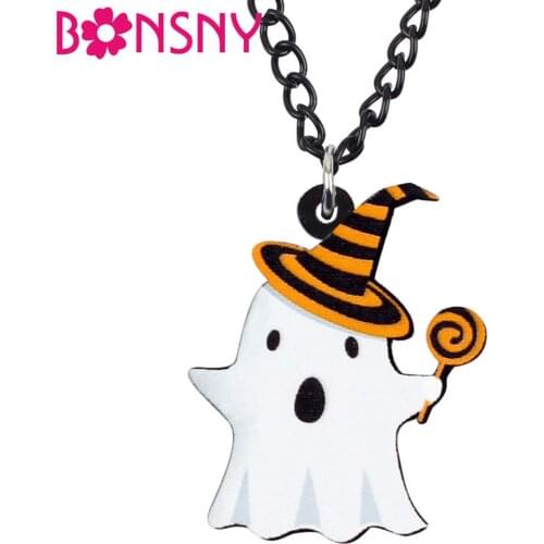 Bonsny Acrylic Halloween Lollipop ghost Necklace Long Chain Choker Trendy Jewelry Women Kid Girl Lover Charms Gift Decorations