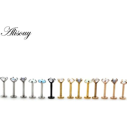 Alisouy 1pc 16G Round Rainbow Crystal Nose Piercing Oreja Tragus Labret Ear Piercing Lip Nose Ring Cartilage Helix Earrings