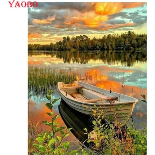100% Full 5D Diy Daimond Painting Natural landscape lake ship 3D Diamond picture Round Rhinestones Embroidery Diamant Paintings
