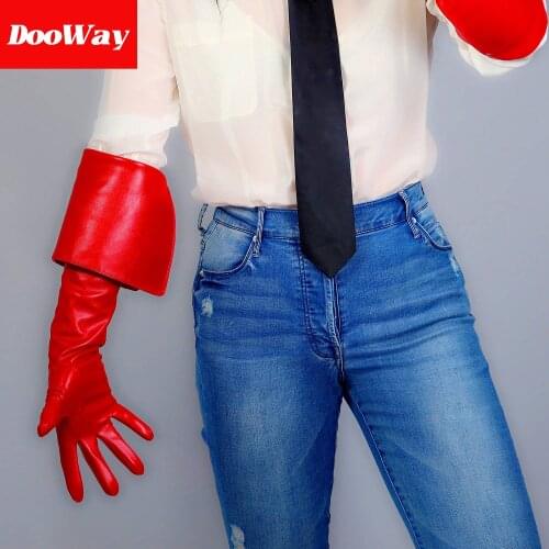 DooWay Fashion Opera Faux Leather Gloves Touchscreen 25-inches Red with Long Fench Cuff