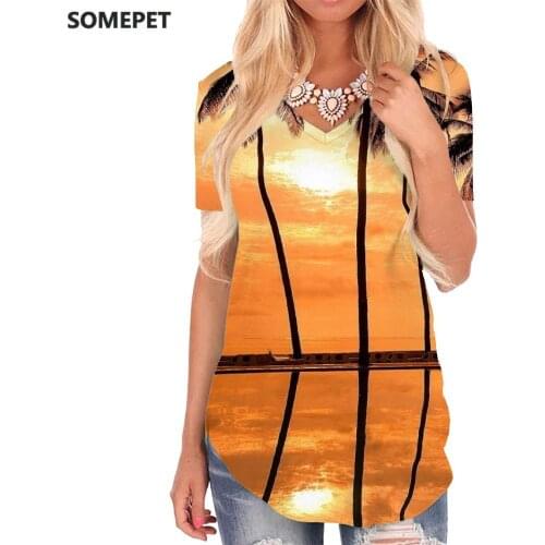 SOMEPET Landscape T Shirt Women Hawaii V-neck Tshirt Coconut Tree Shirt Print Sunset Glow T-shirts 3d Womens Clothing Punk Rock
