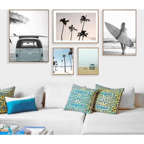 Palm Tree Wall Art Lifeguard Beach Canvas Painting Botanical Posters And Prints Surfboard Girls Wall Pictures For Living Room