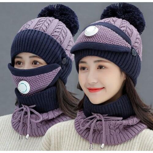 Cycling Hat, Womens Winter Wool Hat Plus Cashmere Thick Windproof Cold Protective Ear Scarf, Winter Warm Knitted Hat Set